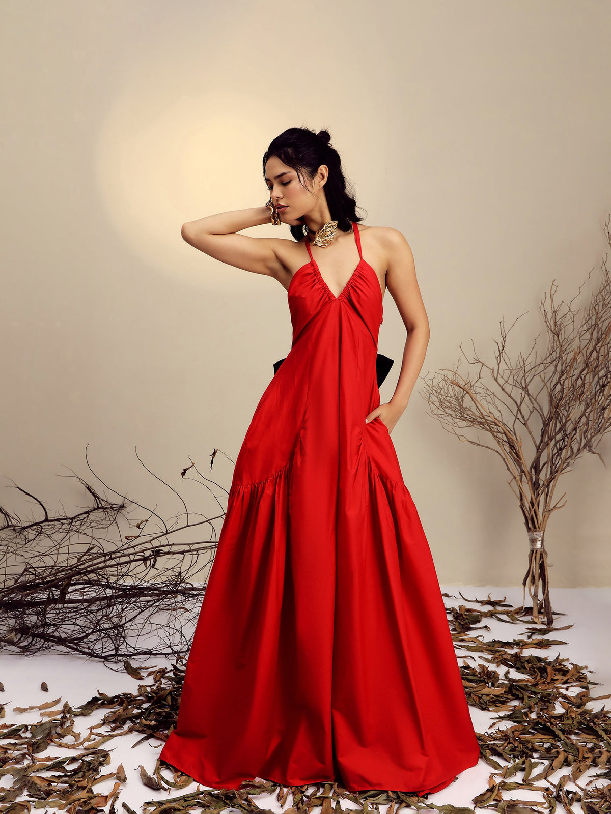 Red Poplin Back Bow Strappy Maxi Dress-Pink Paprika By SASSAFRAS