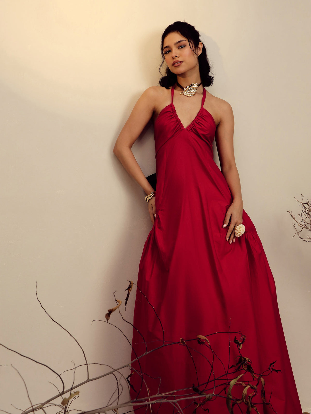Red Poplin Back Bow Strappy Maxi Dress-Pink Paprika By SASSAFRAS
