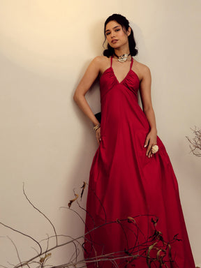 Red Poplin Back Bow Strappy Maxi Dress-Pink Paprika By SASSAFRAS