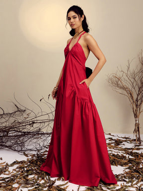 Red Poplin Back Bow Strappy Maxi Dress-Pink Paprika By SASSAFRAS