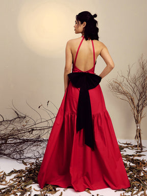 Red Poplin Back Bow Strappy Maxi Dress-Pink Paprika By SASSAFRAS