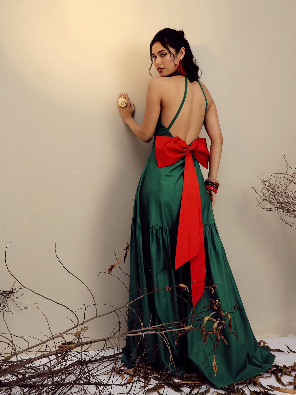 Green Poplin Back Bow Strappy Maxi Dress-Pink Paprika By SASSAFRAS