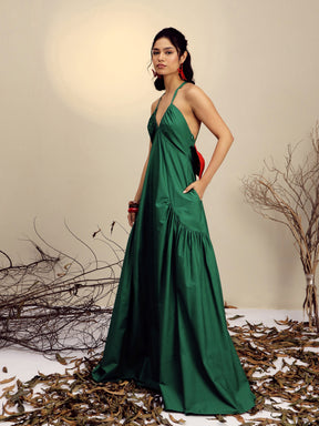 Green Poplin Back Bow Strappy Maxi Dress-Pink Paprika By SASSAFRAS