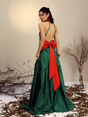 Green Poplin Back Bow Strappy Maxi Dress-Pink Paprika By SASSAFRAS