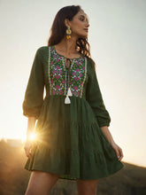 Women Olive Poplin Embroidered Round Neck Gathered Dress