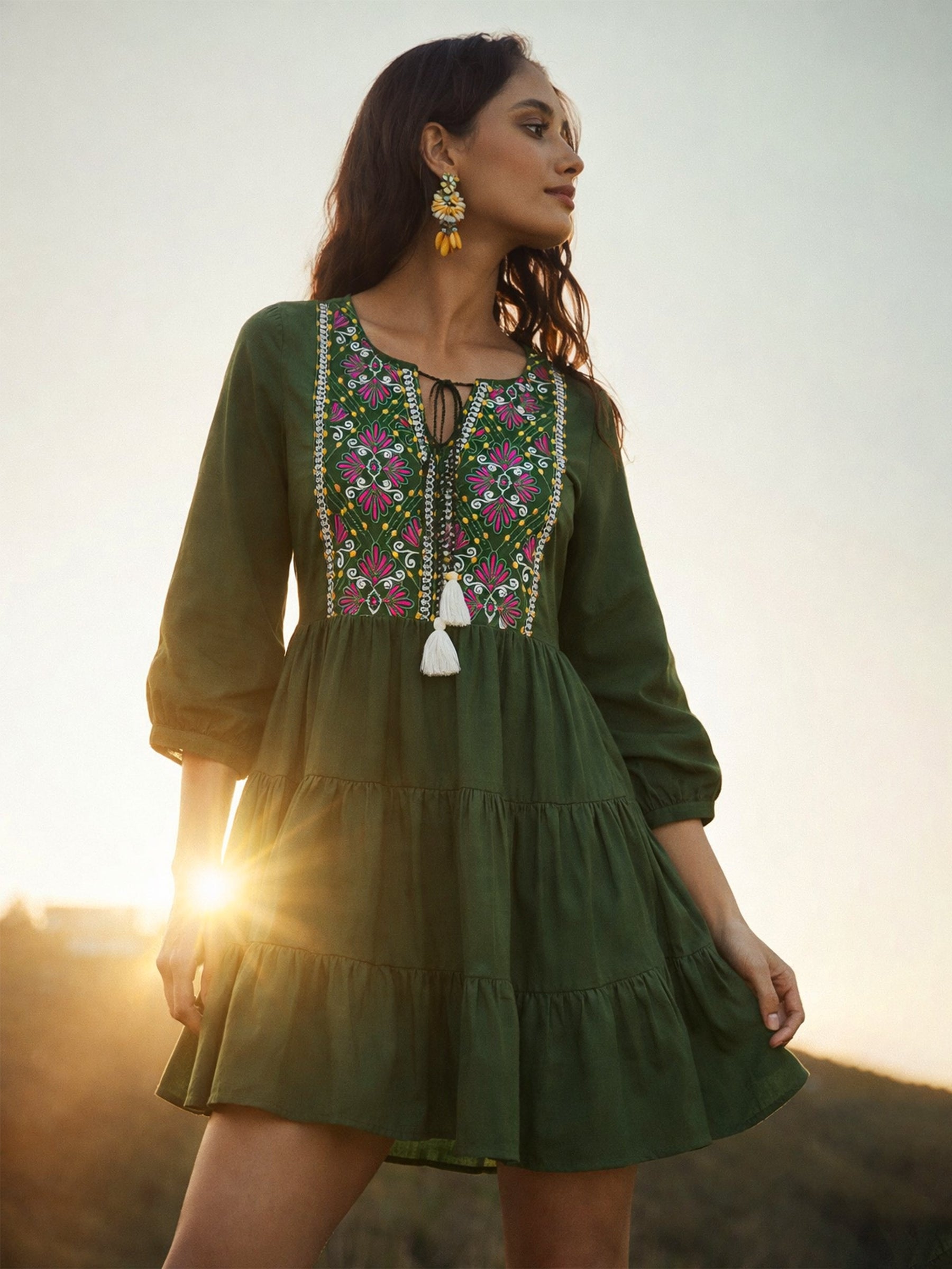 Women Olive Poplin Embroidered Round Neck Gathered Dress