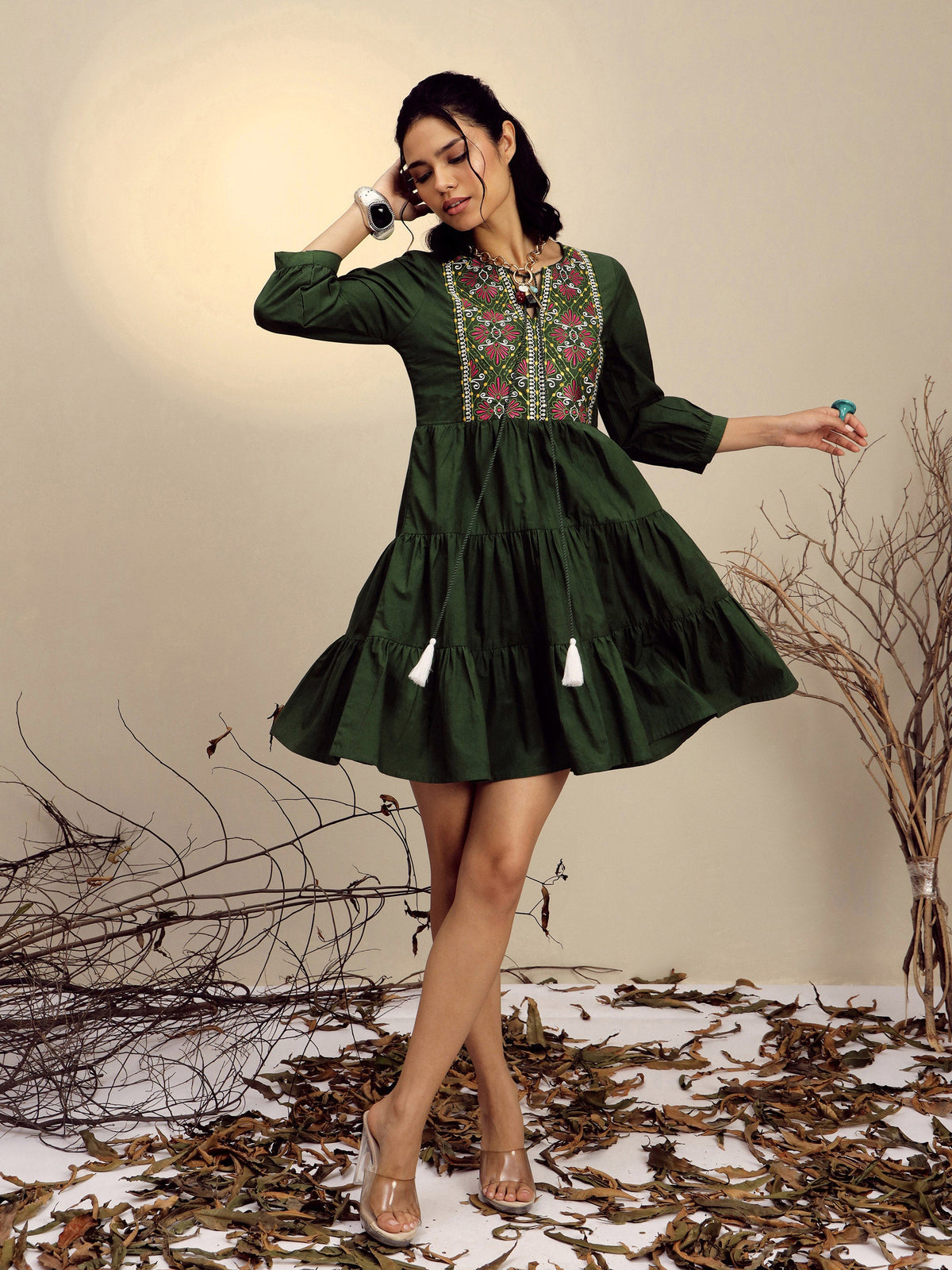 Olive Poplin Embroidered Round Neck Gathered Dress-Pink Paprika By SASSAFRAS