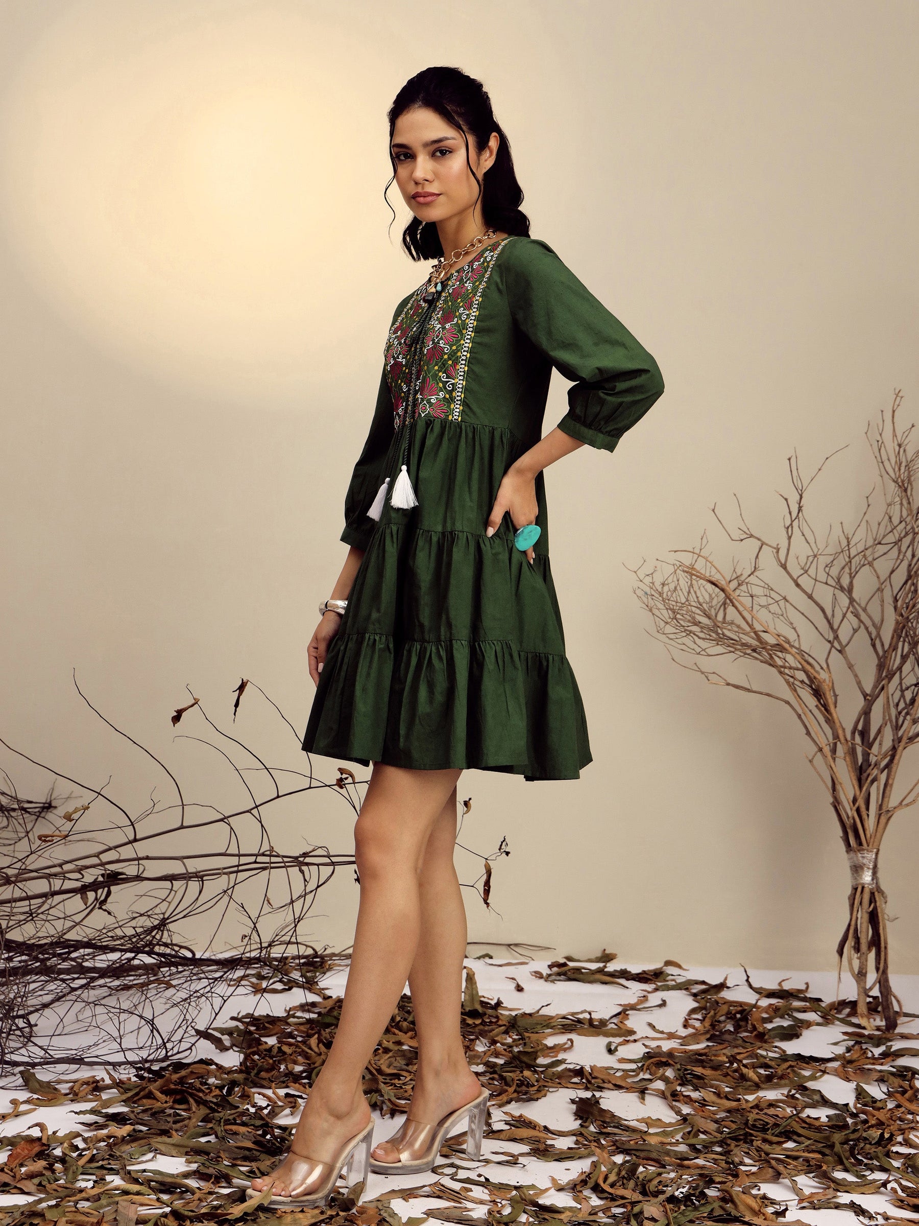 Olive Poplin Embroidered Round Neck Gathered Dress-Pink Paprika By SASSAFRAS