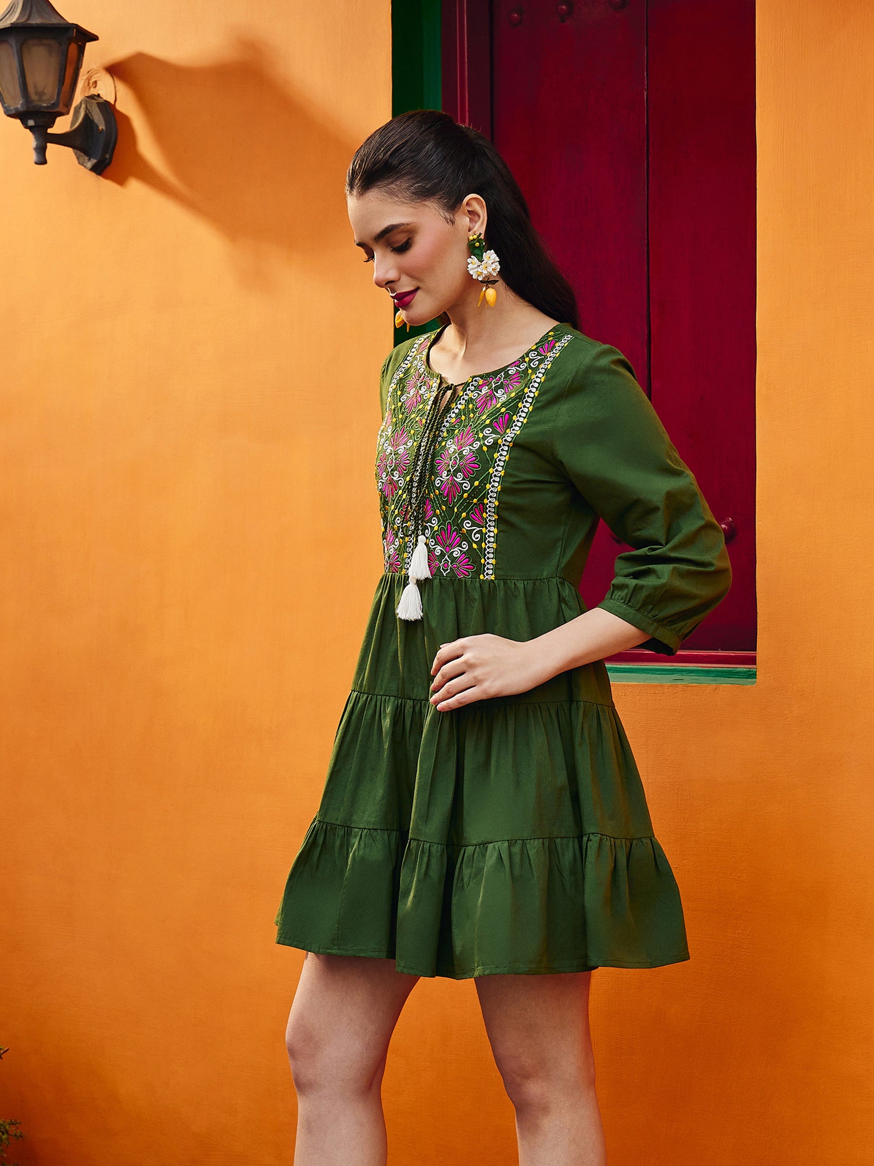 Women Olive Poplin Embroidered Round Neck Gathered Dress