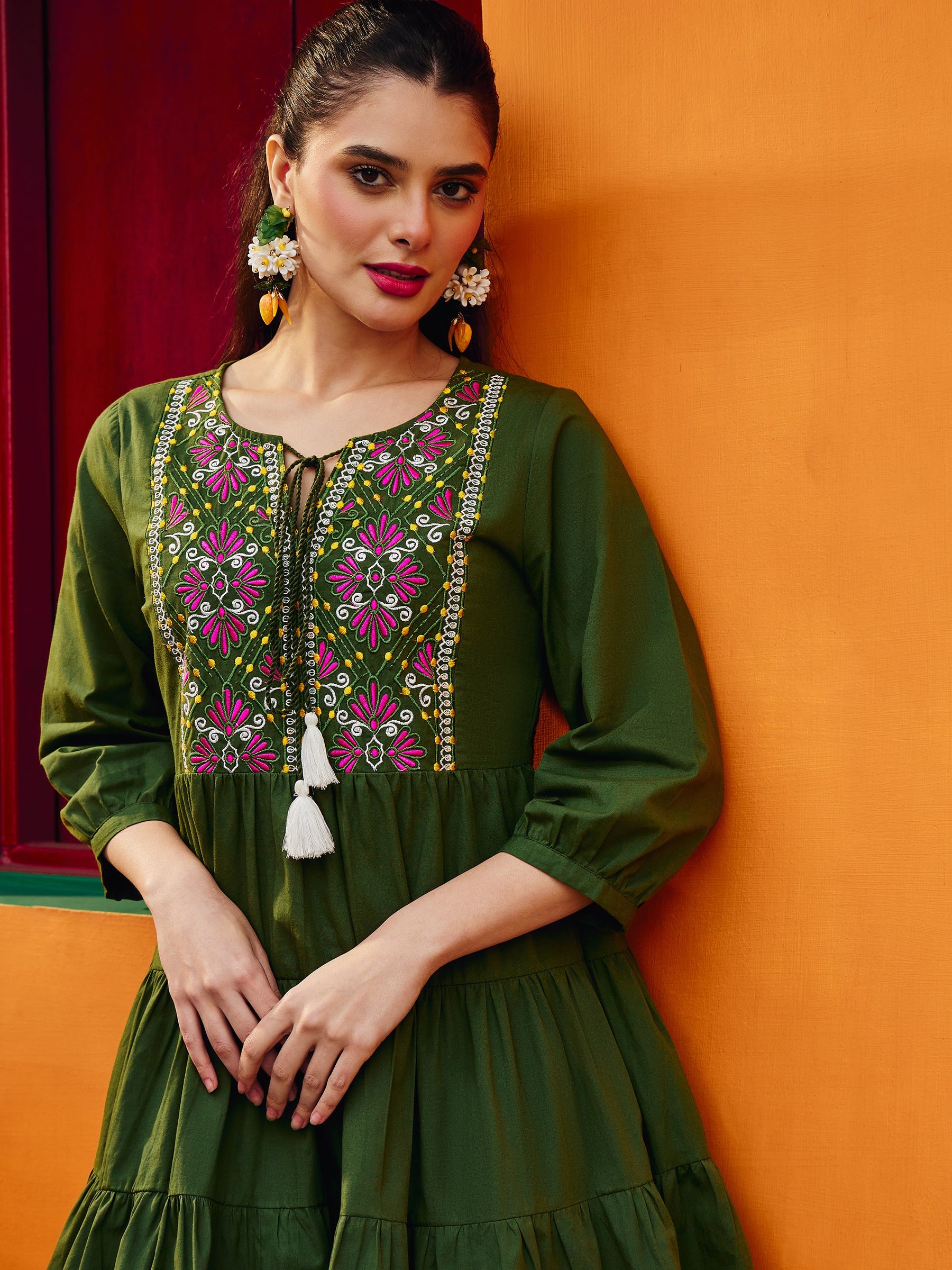 Women Olive Poplin Embroidered Round Neck Gathered Dress