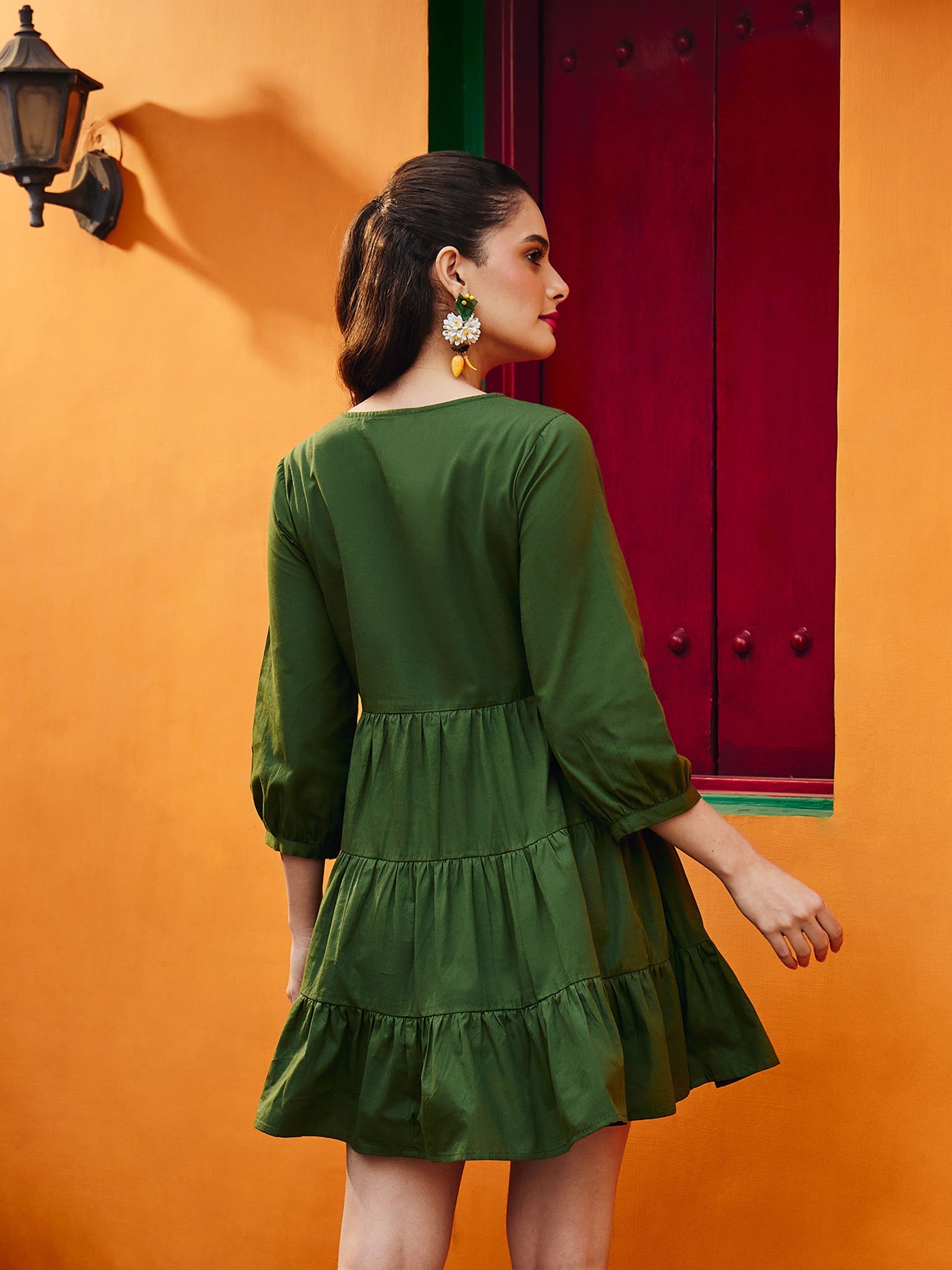 Women Olive Poplin Embroidered Round Neck Gathered Dress