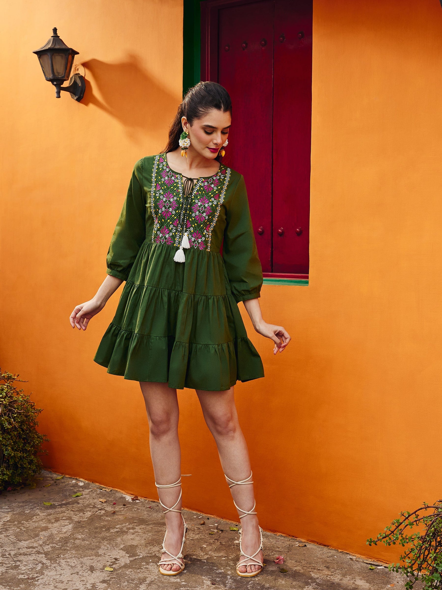 Women Olive Poplin Embroidered Round Neck Gathered Dress