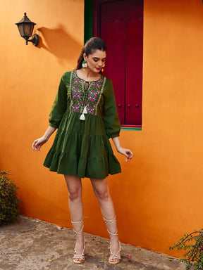 Women Olive Poplin Embroidered Round Neck Gathered Dress