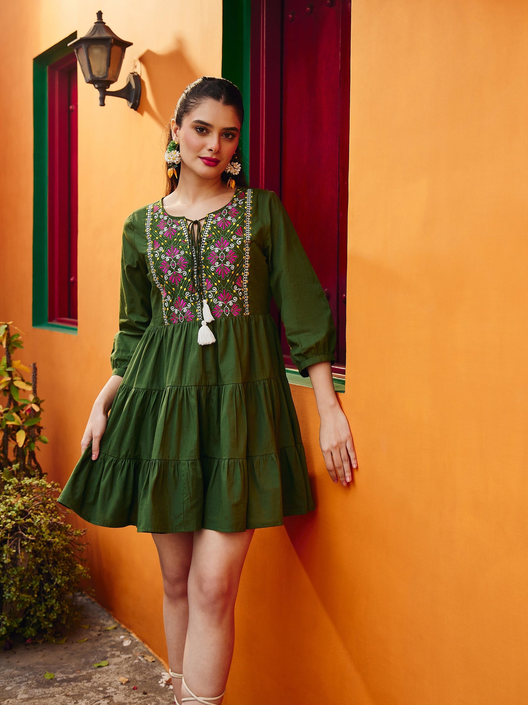 Women Olive Poplin Embroidered Round Neck Gathered Dress