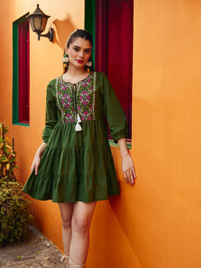Women Olive Poplin Embroidered Round Neck Gathered Dress