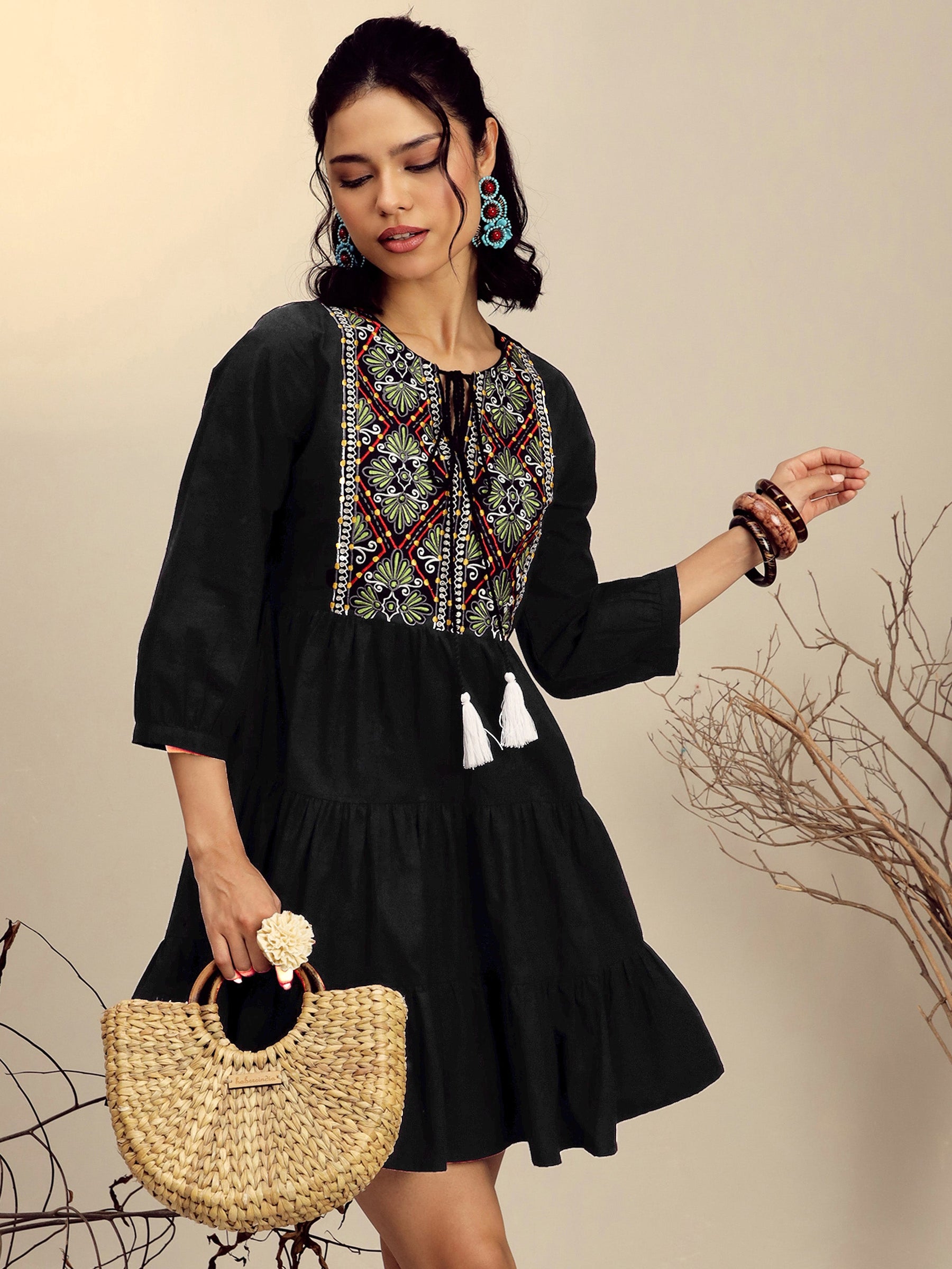 Black Poplin Embroidered Round Neck Gathered Dress-Pink Paprika By SASSAFRAS