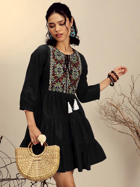 Black Poplin Embroidered Round Neck Gathered Dress-Pink Paprika By SASSAFRAS