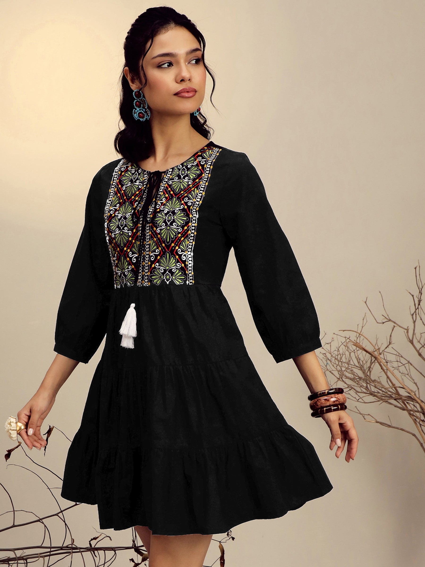 Women Black Poplin Embroidered Round Neck Gathered Dress