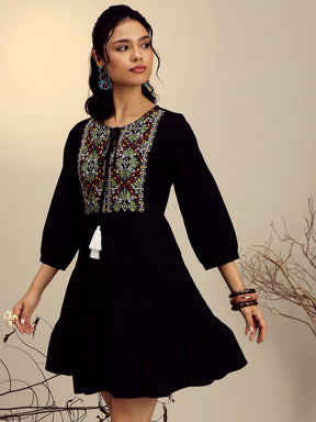 Black Poplin Embroidered Round Neck Gathered Dress-Pink Paprika By SASSAFRAS