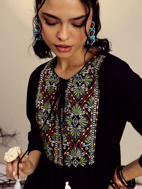 Black Poplin Embroidered Round Neck Gathered Dress-Pink Paprika By SASSAFRAS