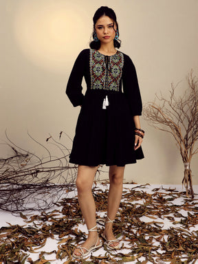 Women Black Poplin Embroidered Round Neck Gathered Dress