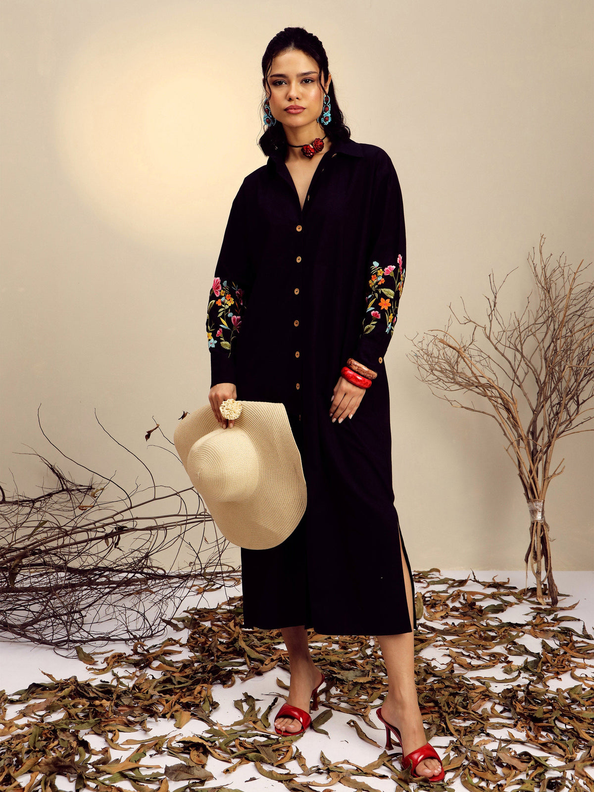 Black Poplin Embroidered Longline Shirt Dress-Pink Paprika By SASSAFRAS