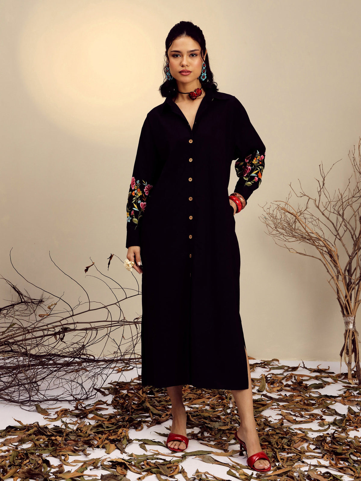 Black Poplin Embroidered Longline Shirt Dress-Pink Paprika By SASSAFRAS