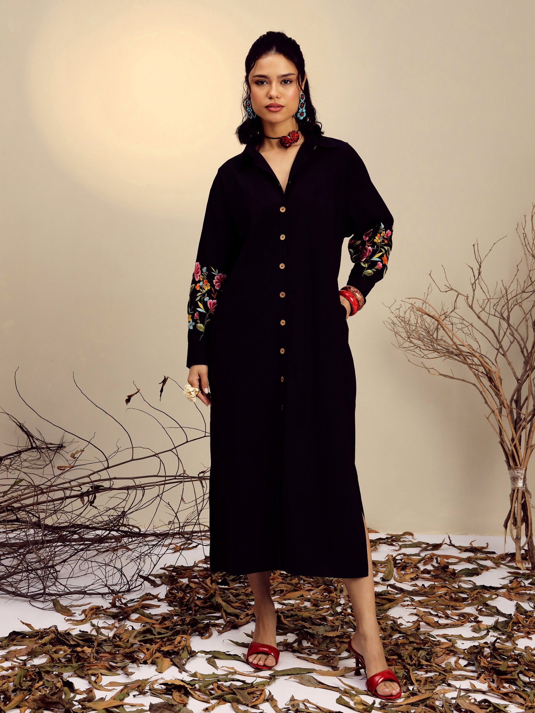 Black Poplin Embroidered Longline Shirt Dress-Pink Paprika By SASSAFRAS