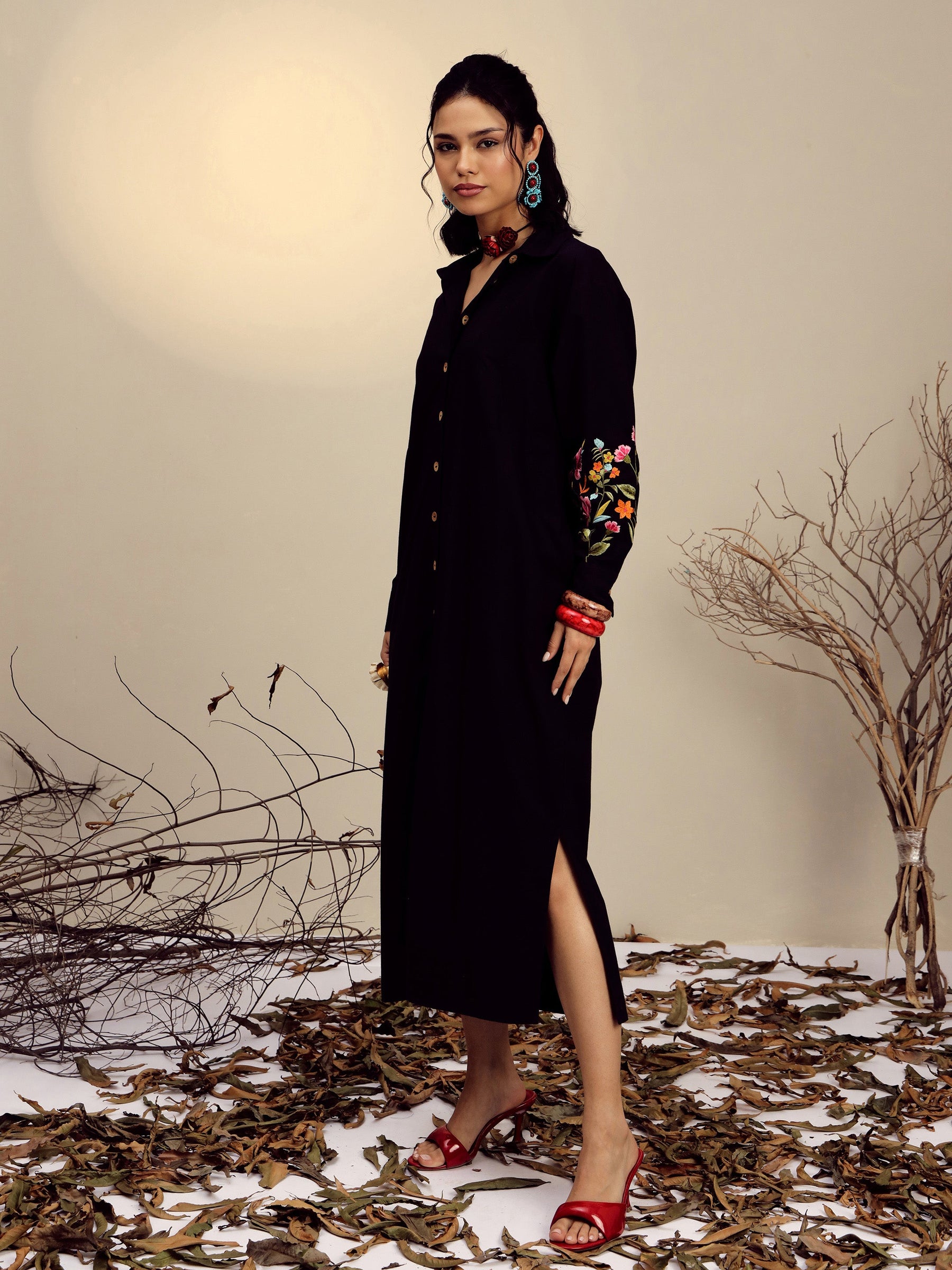 Black Poplin Embroidered Longline Shirt Dress-Pink Paprika By SASSAFRAS
