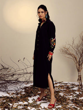 Black Poplin Embroidered Longline Shirt Dress-Pink Paprika By SASSAFRAS