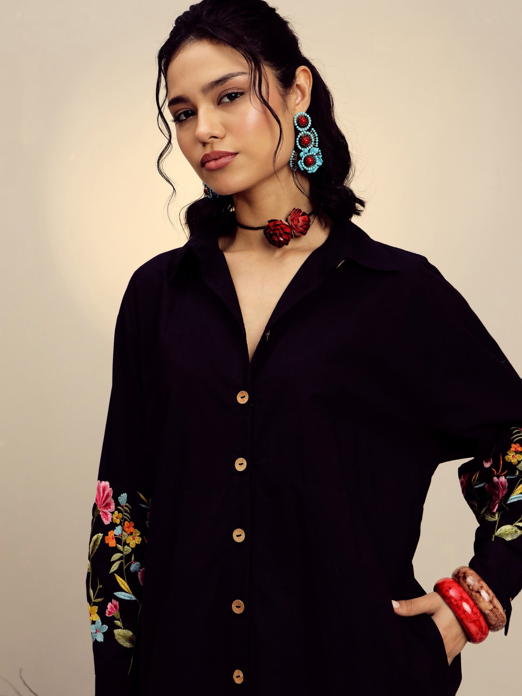 Black Poplin Embroidered Longline Shirt Dress-Pink Paprika By SASSAFRAS