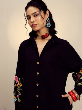 Black Poplin Embroidered Longline Shirt Dress-Pink Paprika By SASSAFRAS