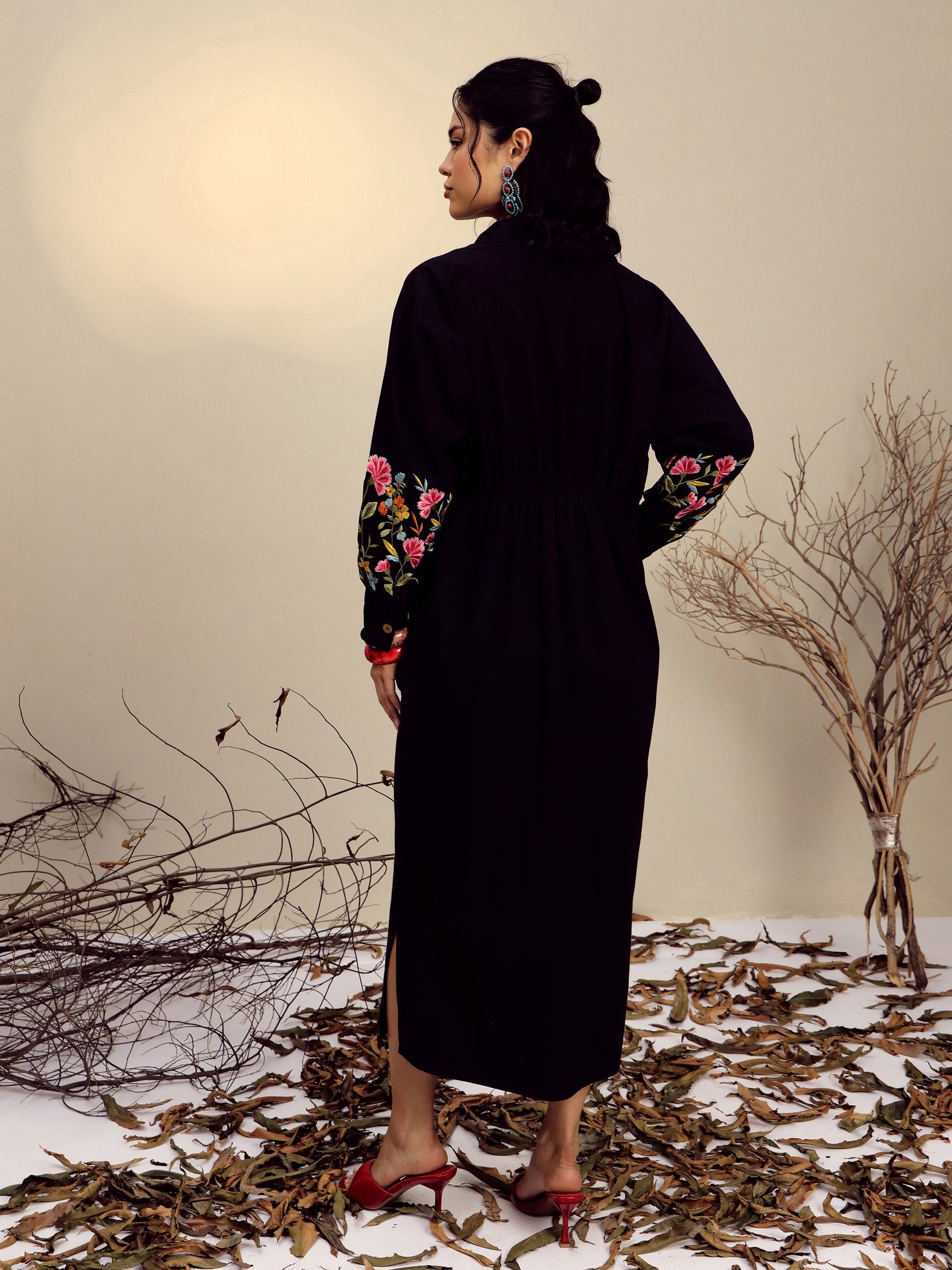 Black Poplin Embroidered Longline Shirt Dress-Pink Paprika By SASSAFRAS