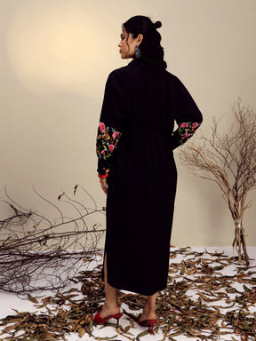 Black Poplin Embroidered Longline Shirt Dress-Pink Paprika By SASSAFRAS