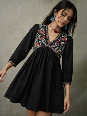 Women Black Poplin Embroidered V-Neck Gathered Dress