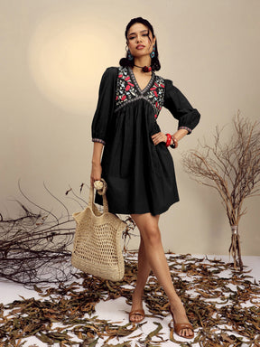 Black Poplin Embroidered V-Neck Gathered Dress-Pink Paprika By SASSAFRAS