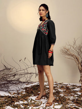 Women Black Poplin Embroidered V-Neck Gathered Dress