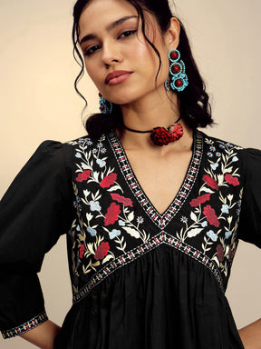 Black Poplin Embroidered V-Neck Gathered Dress-Pink Paprika By SASSAFRAS