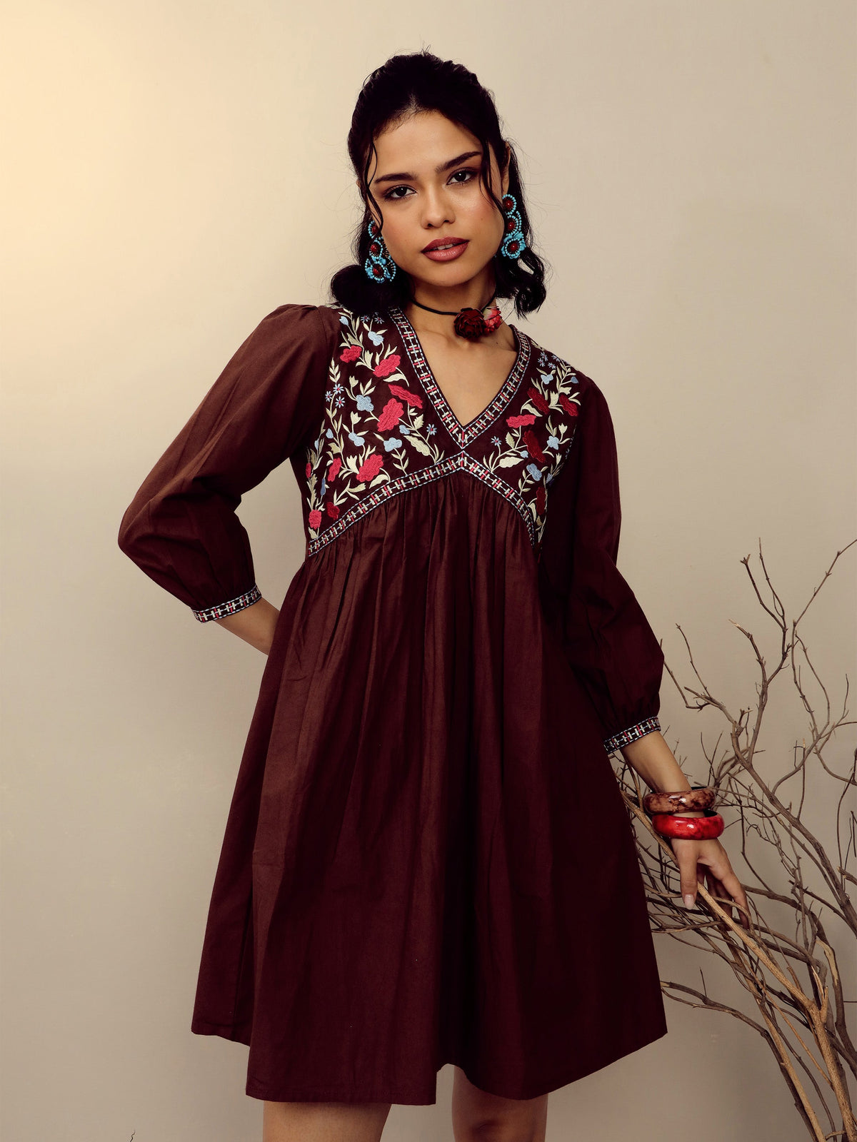 Brown Poplin Embroidered V-Neck Gathered Dress-Pink Paprika By SASSAFRAS