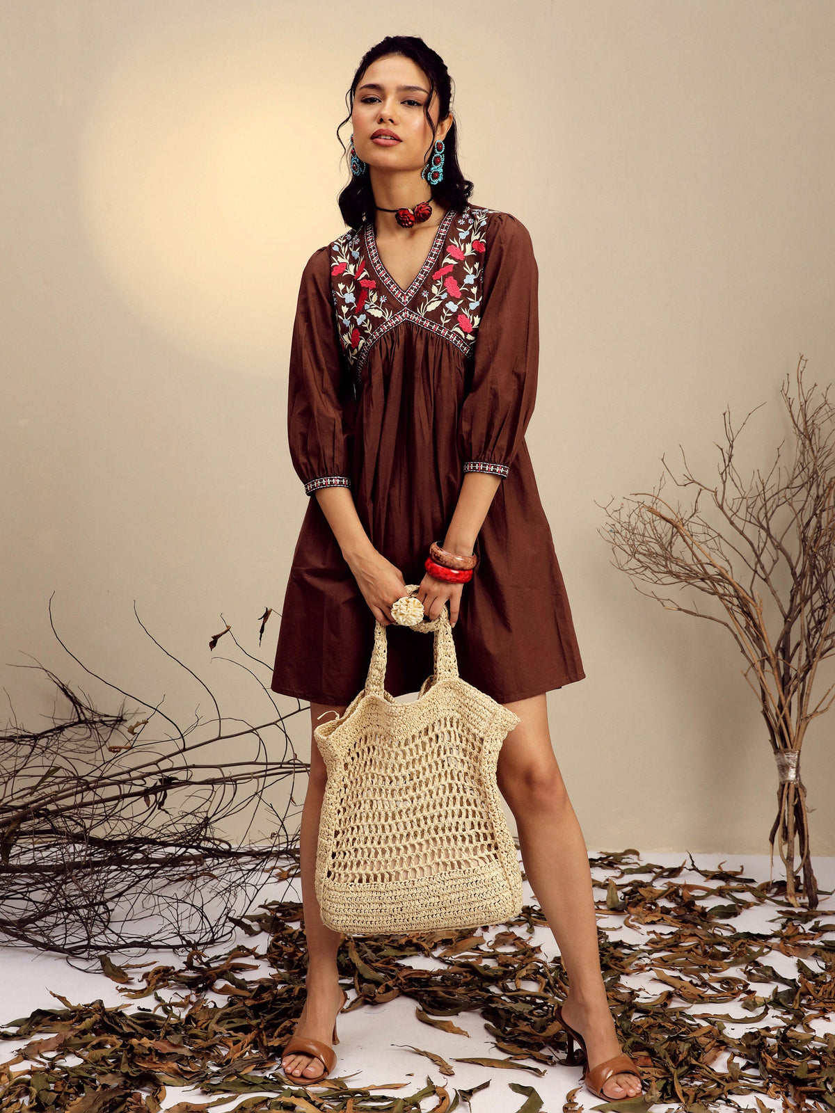 Brown Poplin Embroidered V-Neck Gathered Dress-Pink Paprika By SASSAFRAS