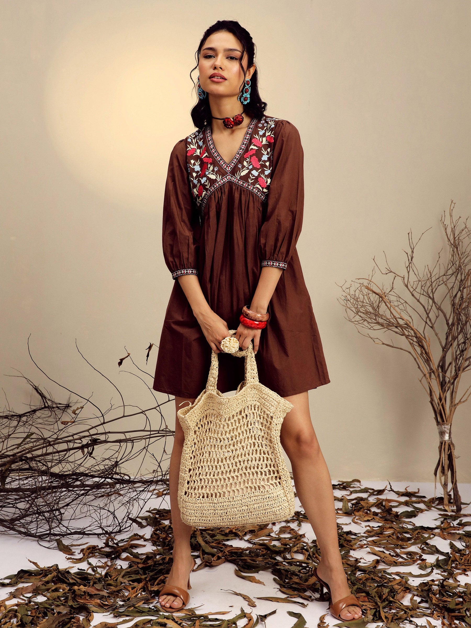 Brown Poplin Embroidered V-Neck Gathered Dress-Pink Paprika By SASSAFRAS