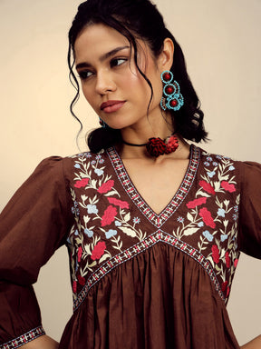 Brown Poplin Embroidered V-Neck Gathered Dress-Pink Paprika By SASSAFRAS