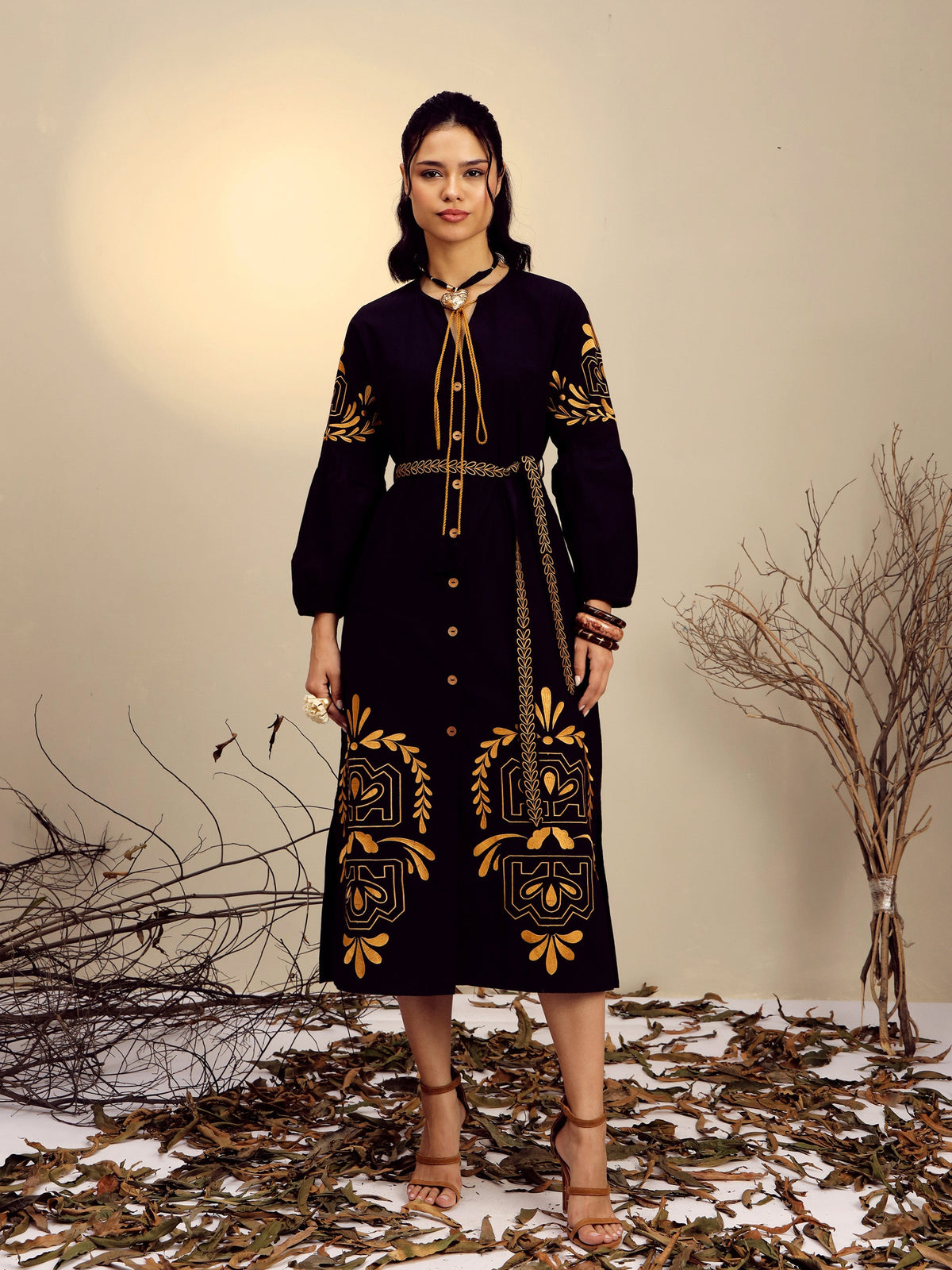 Black Poplin Embroidered Side Slit Longline Dress-Pink Paprika By SASSAFRAS