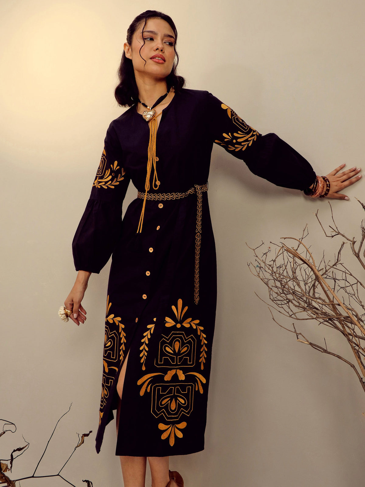 Black Poplin Embroidered Side Slit Longline Dress-Pink Paprika By SASSAFRAS