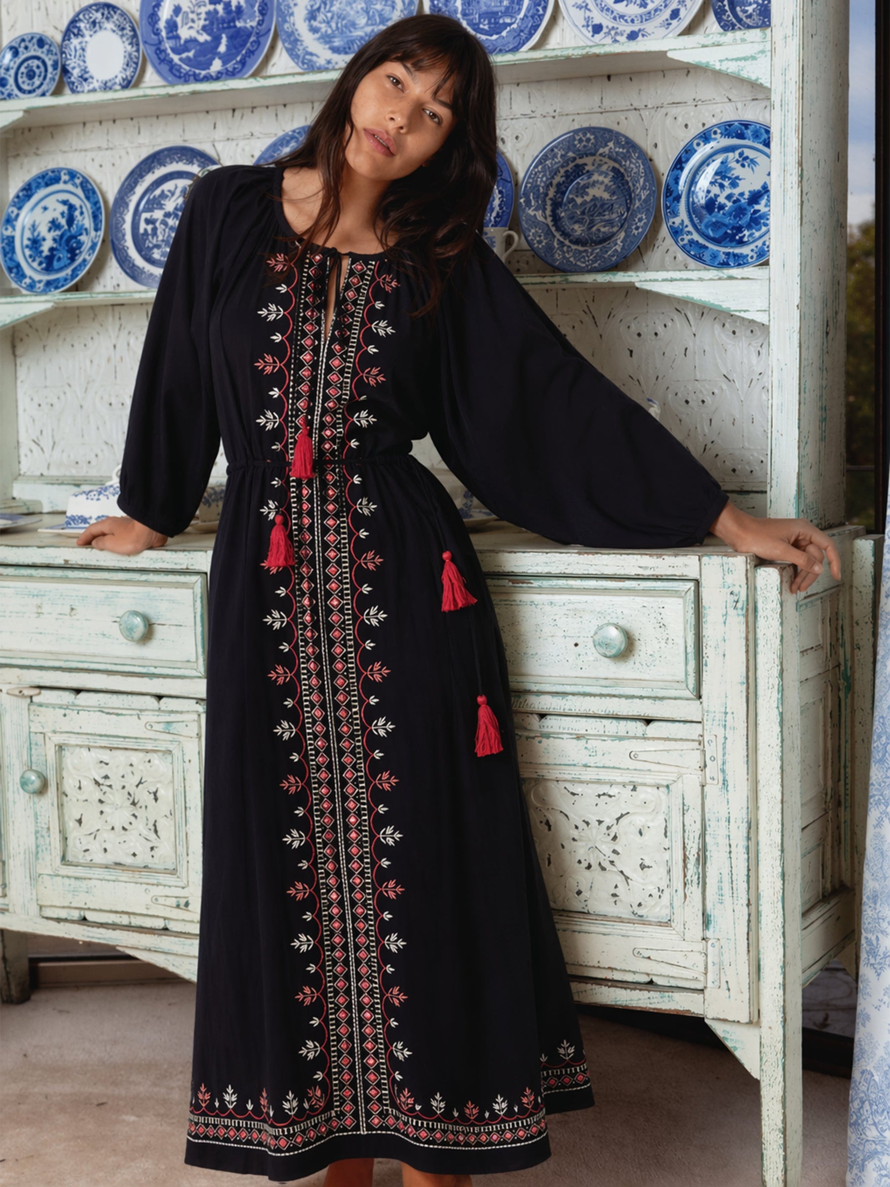 Women Black Poplin Embroidered Front Dori Midi Dress