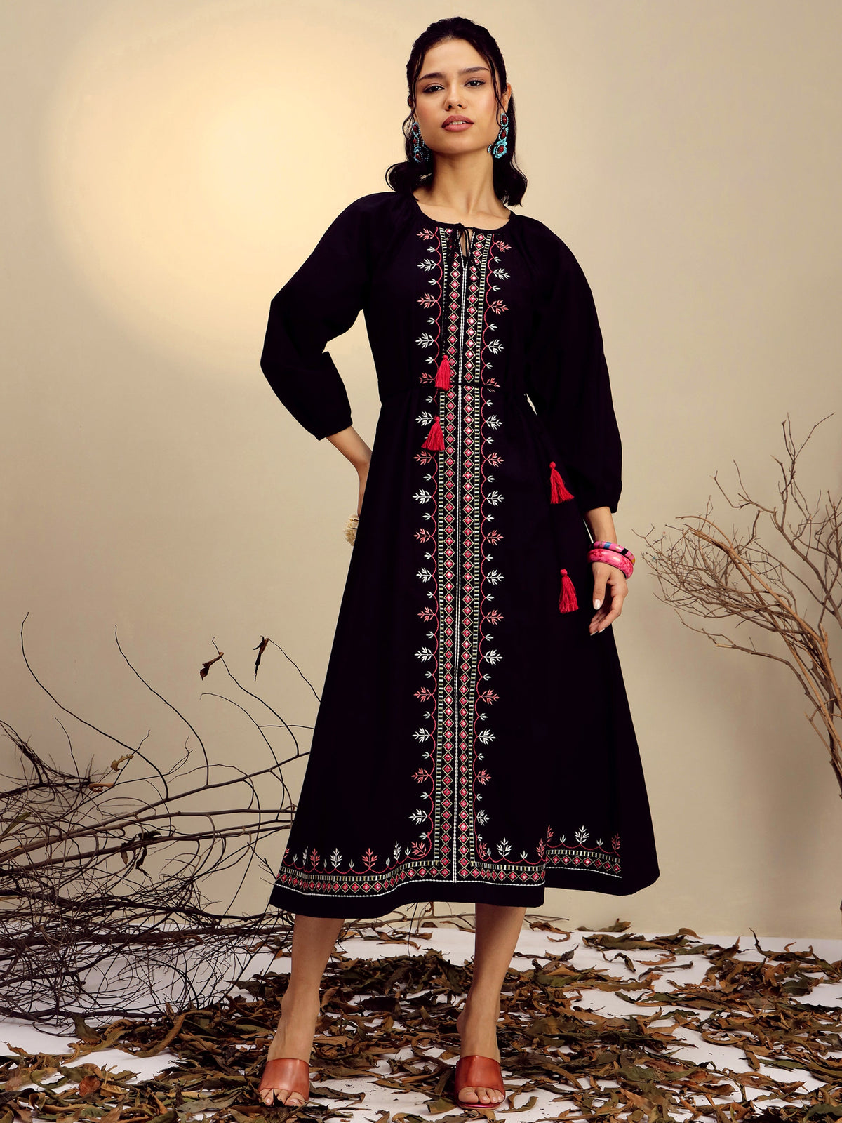 Black Poplin Embroidered Front Dori Midi Dress-Pink Paprika By SASSAFRAS