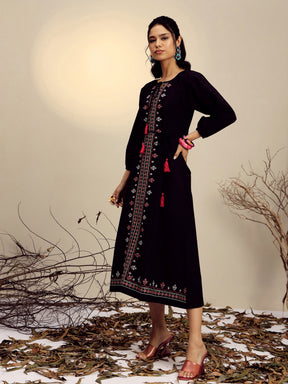 Women Black Poplin Embroidered Front Dori Midi Dress