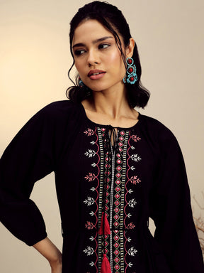 Women Black Poplin Embroidered Front Dori Midi Dress