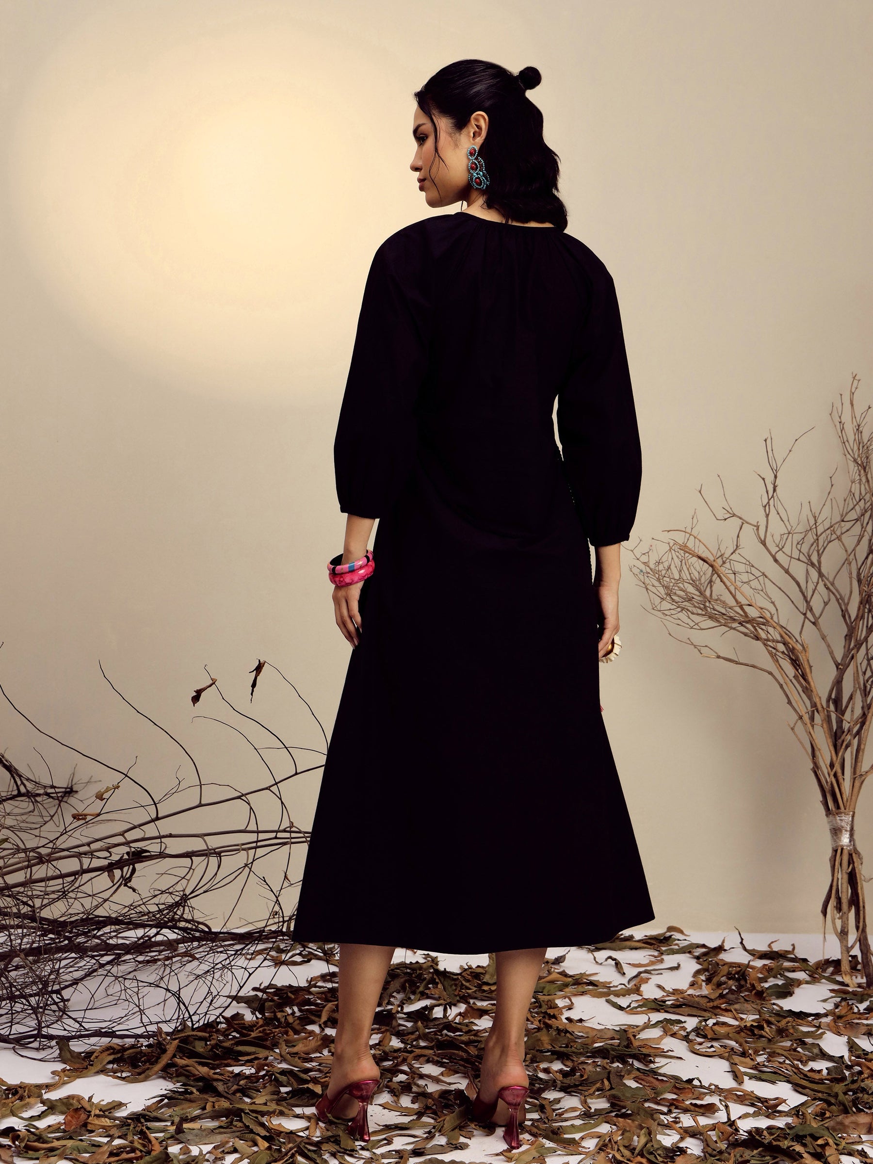 Women Black Poplin Embroidered Front Dori Midi Dress
