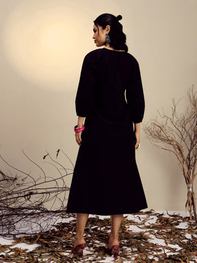 Women Black Poplin Embroidered Front Dori Midi Dress